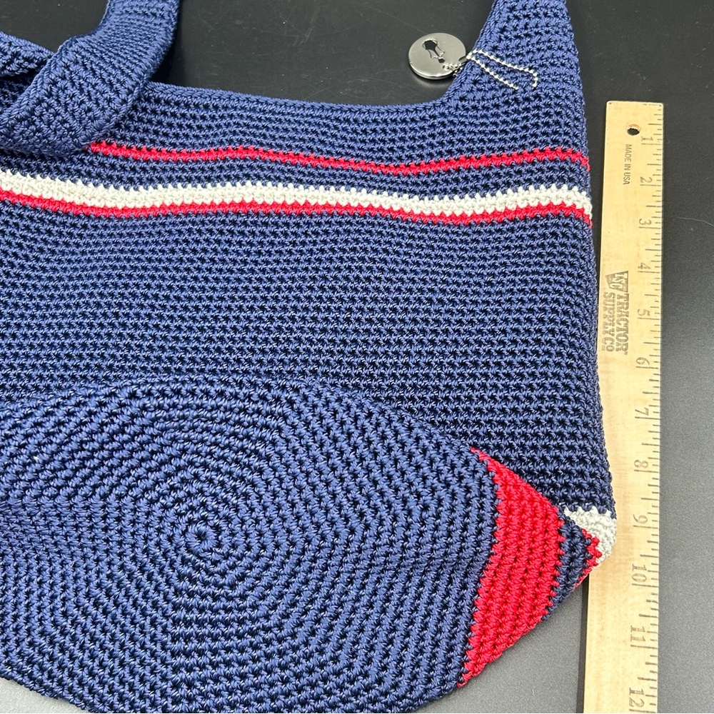 The Sak Hand Crocheted Navy Stripe Shoulder Bag Bali Made Lined Boho Casual - Picture 7 of 10